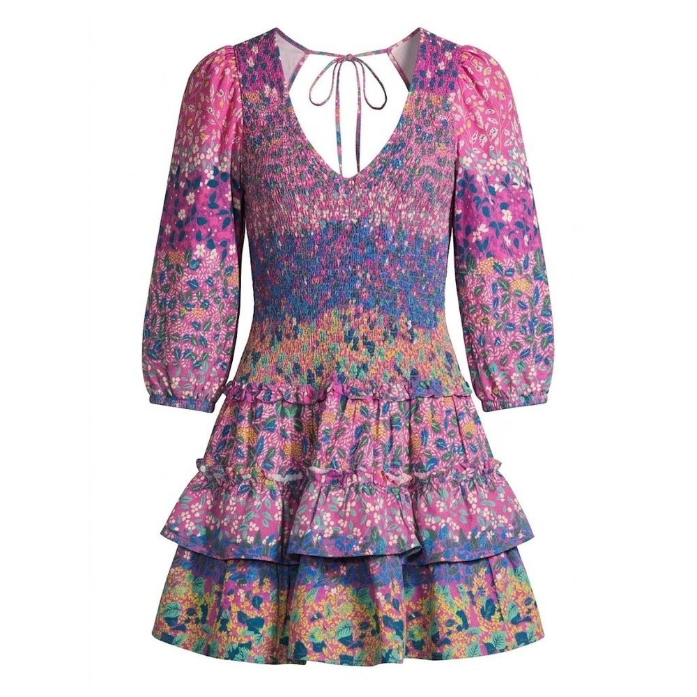 Love the Label Pink Floral Smocked Tiered Mini Dress Size S Tie Back - AC